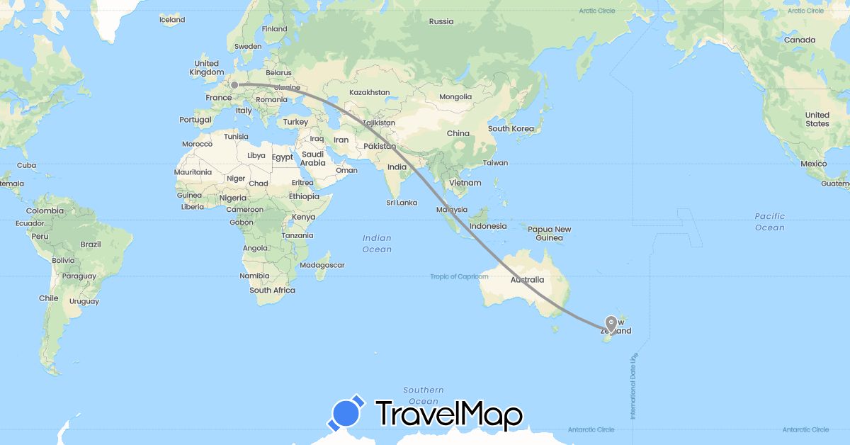 TravelMap itinerary: driving, plane in Germany, New Zealand, Singapore (Asia, Europe, Oceania)